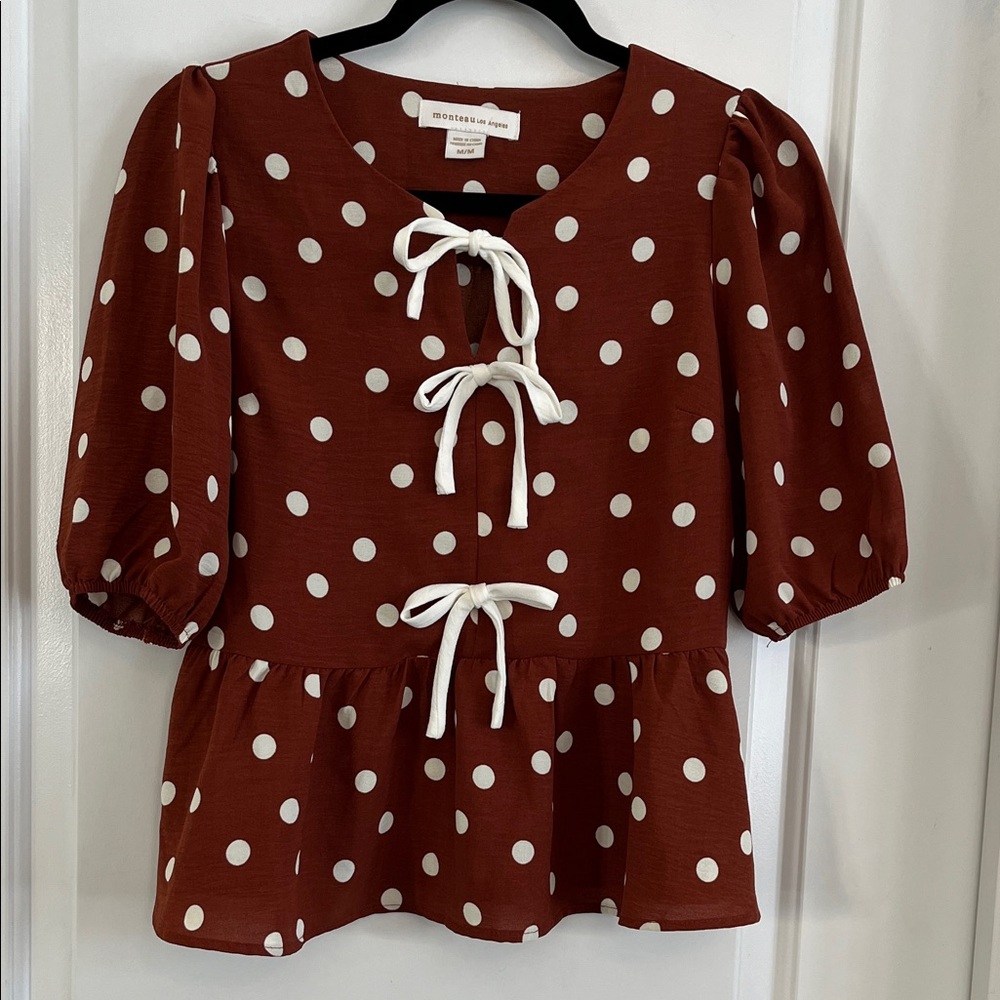 Monteau Los Angeles polka dot bow blouse size medium